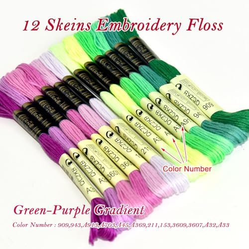 Premium Rainbow Color Embroidery Floss - Cross Stitch Threads - Friendship Bracelets Floss - Crafts Floss - 12 Skeins Per Pack Embroidery Floss,Green-Purple Gradient
