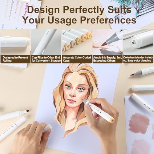 SFAIH Skin Tone Alcohol Markers Brush & Chisel Tip - 12 Light Skin Colors | Dual Tip Art Markers for Artist Adult Coloring Illustration, Portrait Hair Skin Anime, Blending, Gifts for Artist Adult