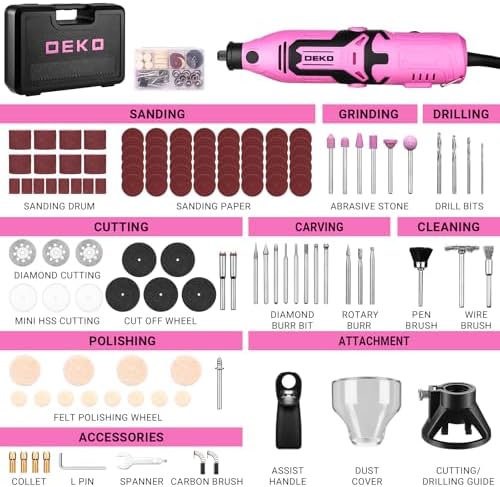 Rotary Tool Kit:DEKOPRO 1.4-Amp Power Hand Rotary Tools with 6 Variable Speed, 127pcs Accessories, 8000~35000RPM Electric Grinder Drill Machine Set with Flex Shaft for Carving, Cutting, Sanding Pink