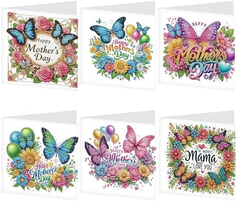 Tontut 6pcs 5D Diamond Art Painting Greeting Card Kit, Butterfly Flower Adult DIY with Envelope, Special Shape Diamond Design Greeting Card Creative Birthday Holiday Gift