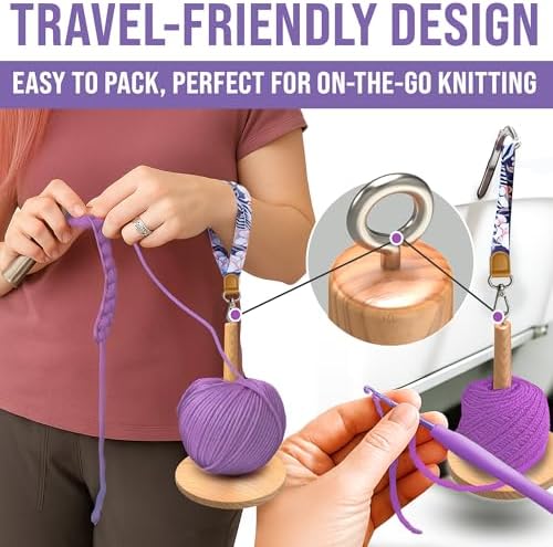 BARVA 2 in 1 Upgraded Table Chunky Yarn Holder 22 Lb & Mini Wristlet Spinner | Bracelet Spindle On the Go for Travel & Car | Wood Crochet Accessories | Compact Fiber Tools | Top Crafts Gifts for Women