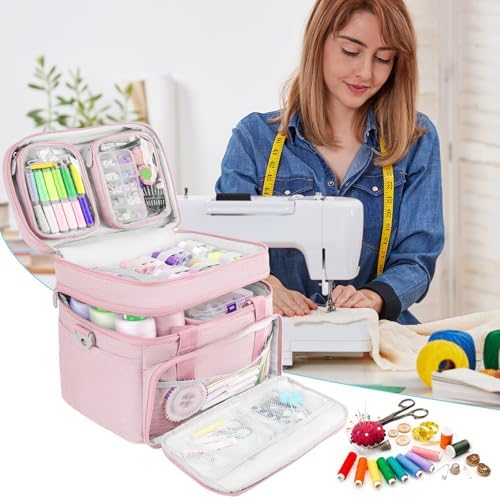 Double-Layer Sewing Organizer Bag with Detachable Pockets, Pink