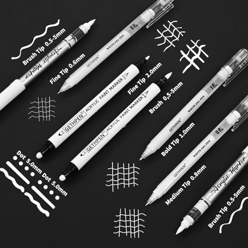 GETHPEN White Pens Set, White Gel Pens, Dual-Tip Acrylic Paint Pen, 7 Pack