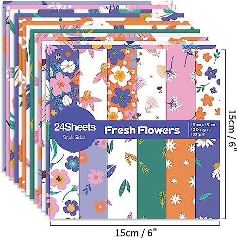 6x6" Cardstock Single Sided Scrapbooking,Craft Decorative Scrap Book Paper | 160gsm,24-Sheet 12Patterns Colored Paper,Junk Journal Supplies,Vivid Origami Papers DIY Craft Gift Wrapping Album.FreshFlower