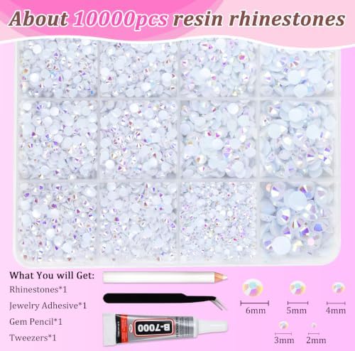 10000PCS White AB Rhinestones Bedazzling Gems 2/3/4/5/6MM Mix Sizes Resin Jelly Bedazzler Kit Flatback with Complete Tools for DIY, Nail, Art Craft for Girls Gift