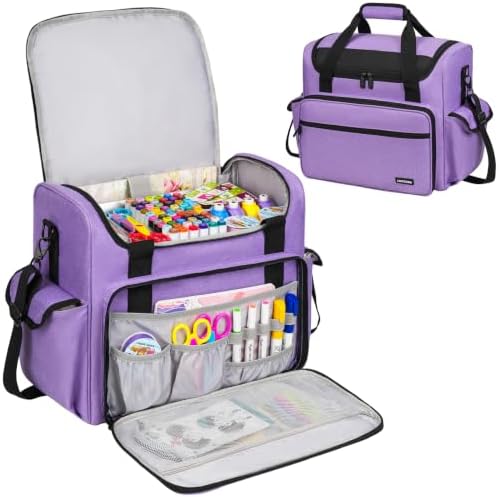 Craft Bag for Scrapbook Supplies, Large Scrapbook Tote with 15.6'' Laptop Sleeve, Art Supply Storage Bag with Multiple Pockets for Scrapbooking Tools, Purple
