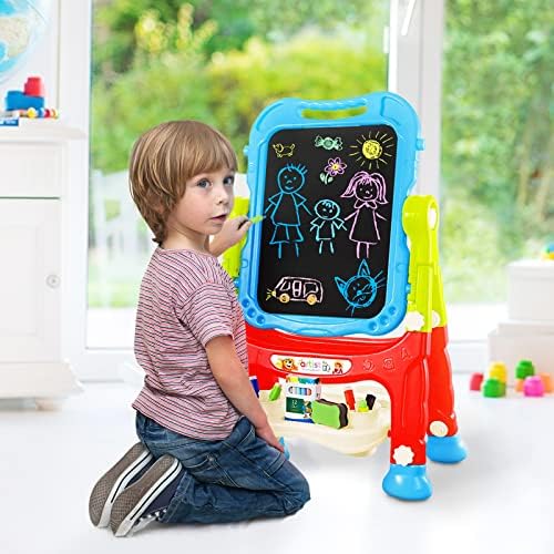 Amagoing Easel for Kids, Adjustable Standing Art Easel for Toddler 2-4, 4 in 1 Double Side Chalkboard Drawing Board with Painting Accessories, Learning Toy Gift for Little Boys Girls Age 3 4 5, Blue