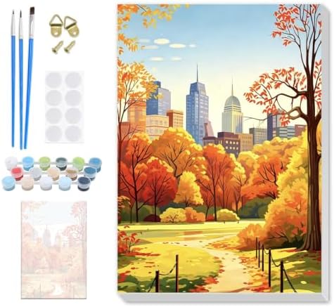 SENQAO Park Paint by Numbers Kit for Adults Beginner, Fall City Park Adult Paint by Number Kits on Canvas, DIY Acrylic Oil Easy Painting by Numbers for Home Wall Decor 8X12 inch