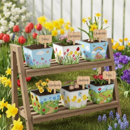 6 Sets Garden Flower Pots Crafts Kit DIY Metal Iron Plant Pots Acrylic Paint Stickers Brushes Plant Labels Gardening Tool Kit for Planting Crafts Mother's Day Graduation Creative Gift