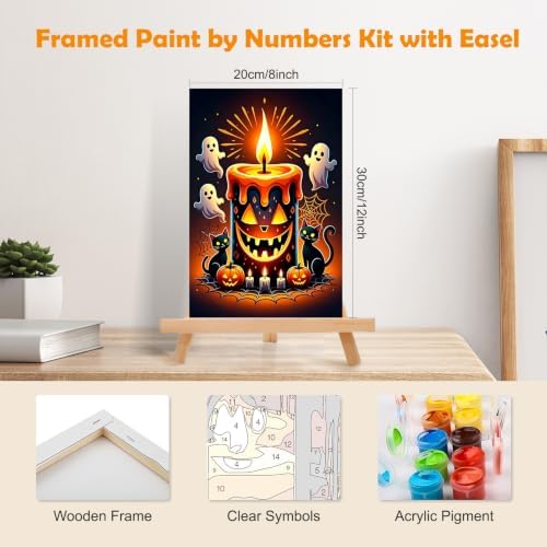 MOGTAA Halloween Paint by Numbers Kit for Adults Beginners with Frame, Ghost Adult Paint by Number Kits on Canvas with Easel, Easy DIY Black Cat Oil Painting Kits for Home Decor, 8x12in