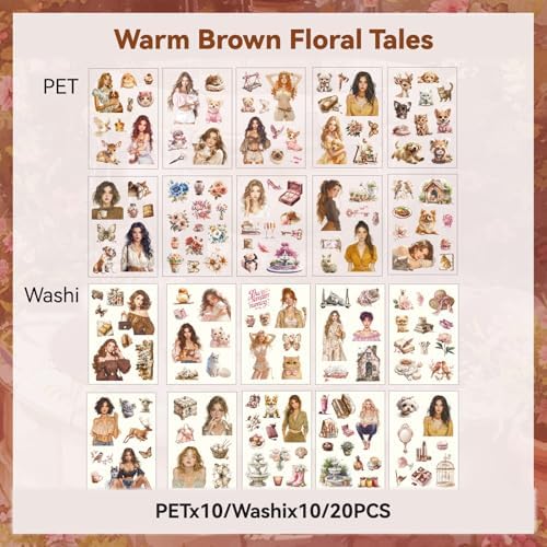 Warm Brown Chat Sticker Scrapbooking Supplies for Junk Journal, 20 Sheets PET Stickers - Vintage Journaling Stickers