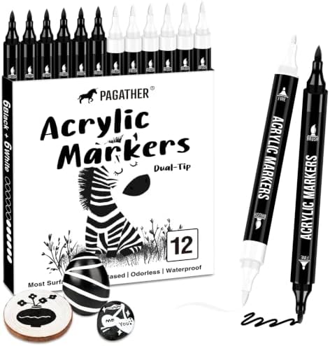 Pagather Black and White Acrylic Paint Markers, 12 Dual Tip with Fine Tip and Brush Tip Pens for Fabric, Stone, Wood, Canvas, Ceramic, Metal, Glass, Rock Painting, DIY Crafts