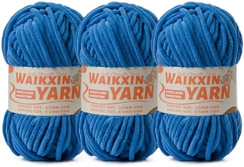 （3 Blue） 3 Pack Super Soft Fuzzy Chenille Chunky Yarn for Crocheting, 300g (261yds) Velvet Fluffy Amigurumi Yarn for Hand Knitting Baby Blankets Weaving Craft