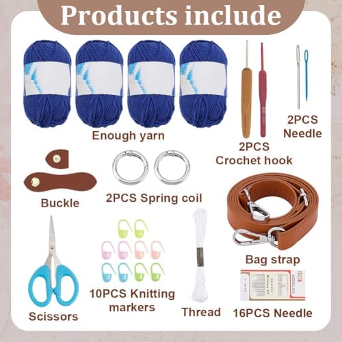 ACRNIGHEET Crochet Bag Kit for Beginners Crochet Purse for Women DIY Tote Bag Making Kit with Step-by-Step Tutorials Knitting Supplies for Adults Crafts Boho Gift Idea (Blue)
