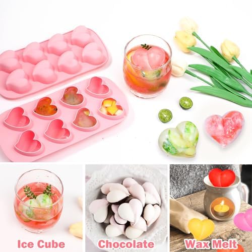 Webake Heart Shpaed Ice Cube Trays, 8-Cavity Heart Silicone Molds for Whiskey, Cocktail, Chocolate, Ice Cubes, Candy with Fun Shapes (Pack of 3)