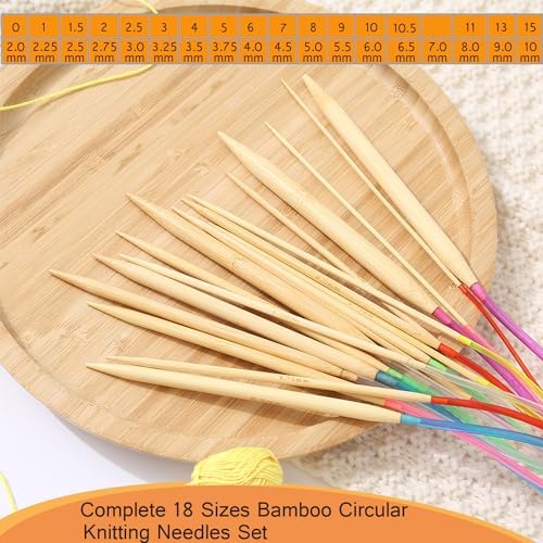 Mdoker 18 Pairs Bamboo Knitting Needles Set Circular Wooden Knitting Needles with Colorful Plastic Cable Size 2mm-10mm,Knitting Needle for DIY Craft(60cm/24inch)