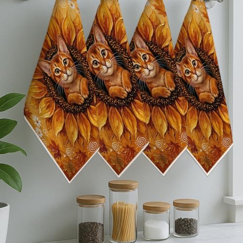 Oil Painting Fall Abyssinian Cat Kitchen Hand Dish Towels Set of 4, Autumn Sunflower Maple Leaf Pattern Quick Dry Dishcloths, Cool Housewarming Gift for Home Cooking Kitchen Bathroom