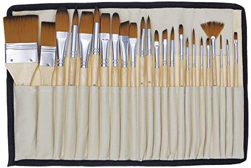 24 Pcs Artist Paint Brush Set with Free Carry Pouch for Watercolor, Acrylic, Oil and All Media, Suitable for Canvas, Paper, Ceramic, Golden Nylon Hair, Wood Handles JQ-B24