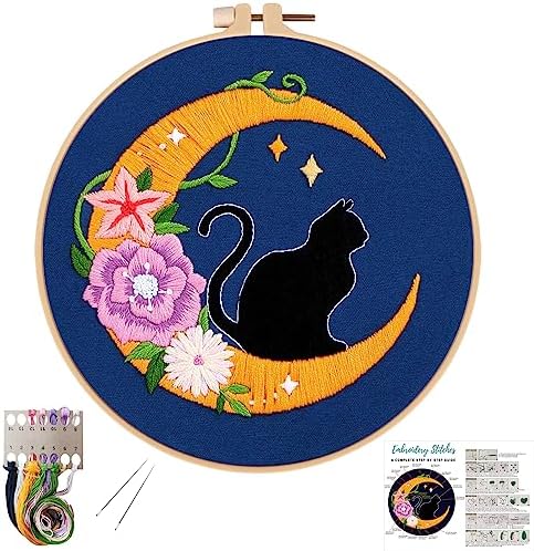 Louise Maelys Cat Moon Embroidery Kit for Beginners Floral DIY Craft Set
