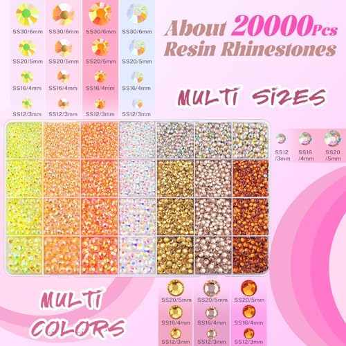 20000Pcs Yellow Rhinestones for Bedazzling with B7000 Jewelry Glue, Resin Rhinestones for Crafting Crafts DIY, Bedazzler Kit Gems for Clothing Shoes Tumblers Fabric Nail Art Assorted Size 3/4/5/6mm