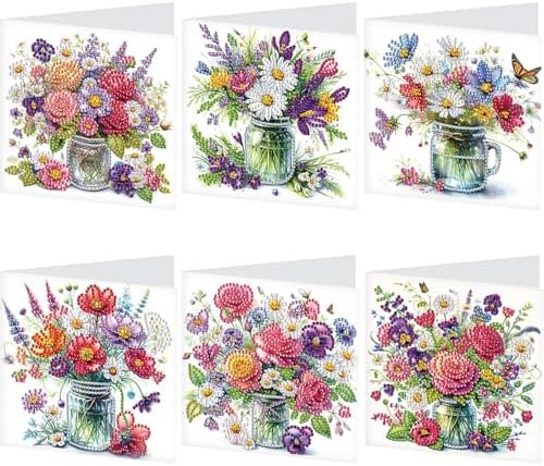 Diamond Art Cards with Envelopes–6PCS DIY Diamond Painting Greeting Cards Kit | Card Making Kit with Bling for Adults & Beginners | Birthday,Holiday & Thank You Cards (Bouquet)