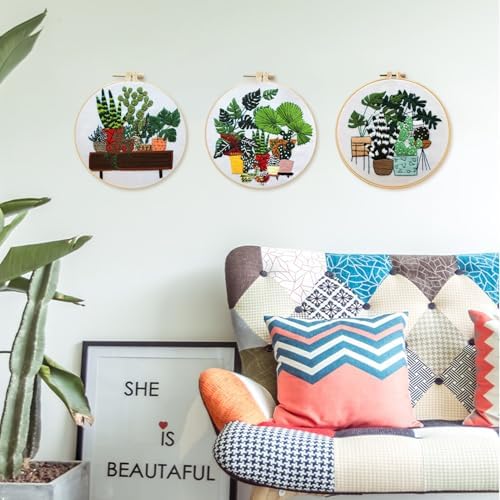 SCECALA 3 Pack Plant Embroidery Kit for Beginners - Green Plant Potted with Embroidery Pattern, Hoop, Complete Cross Stitch Supplies (Needle/Threads/Scissors) DIY Craft for Adults Sewing Hobby