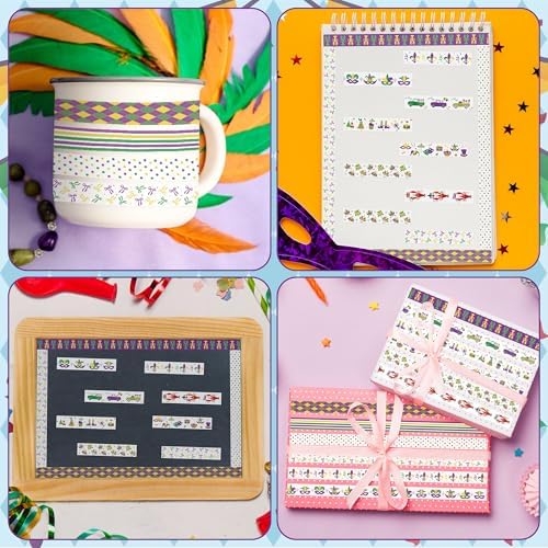 Mardi Gras Washi Tape - 12 Rolls Waterproof Residue Free Adhesive with Masks Crowns Beads in Traditional Purple Green Gold for Scrapbook, Gift Wrapping, Journal Decor, Party Supplies