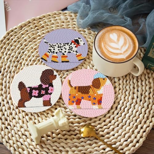 8PCS Dog Diamond Art Coasters Kits, Diamond Painting Coasters with Holder Set of 8, DIY Simple Gem Coaster Art Crafts Supplies for Adults, 4x4 in