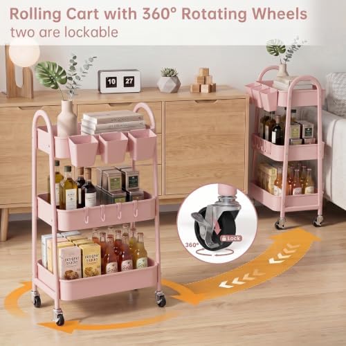 danpinera 3-Tier Rolling Cart, Utility Cart Mobile Metal Rolling Storage Cart with Lockable Wheels & Hanging Cups & Hooks for Kitchen, Bathroom, Office, Workshop, Pink