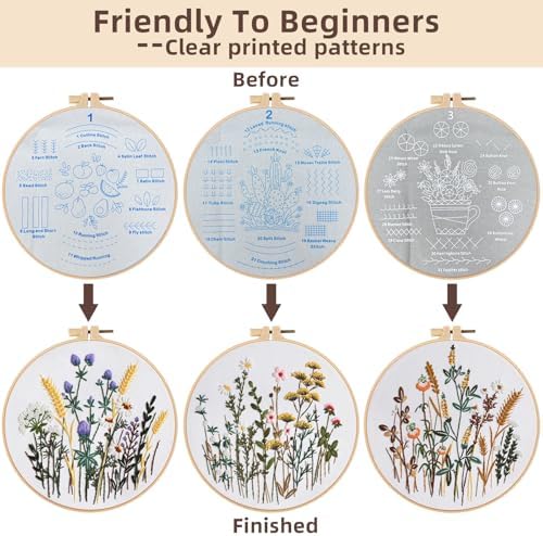 Herdiese Embroidery Kit for Beginners & Adults, 3PCS Floral Patterns.