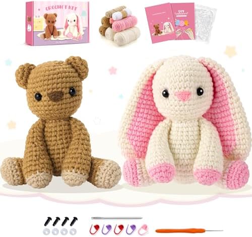 Bunny and Bear Crochet Kit for Beginners 2PCS Crochet Starter Kit for Adult