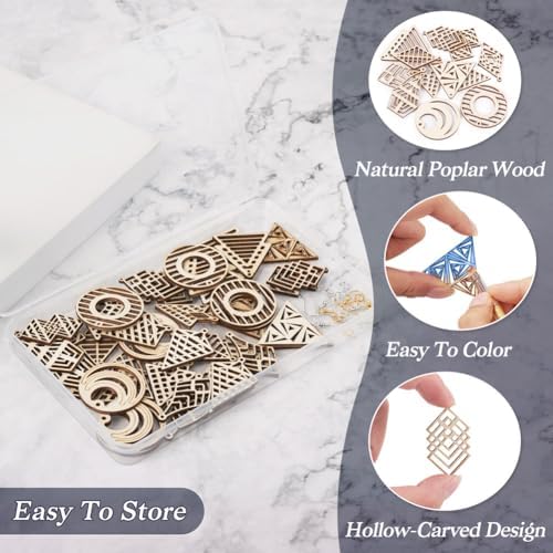 Elecrelive 48Pcs Wooden Earring Charms Round Triangle Rhombus Charms