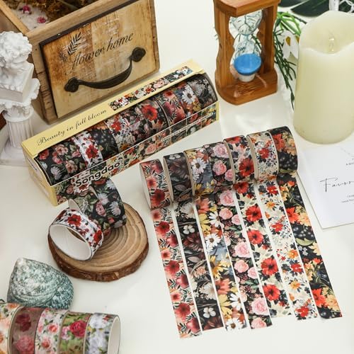 10 Rolls Blooming Flowers Washi Tape Set Floral Arts Adhesive Tapes Colorful Garden Decorative Masking Tape Sets for Craft, Kids, Scrapbook, DIY, Gift Wrapping (3-Blooms)