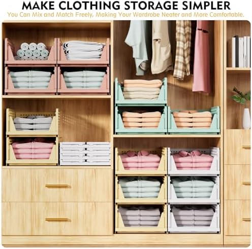 SNSLXH 5 Pack Stackable Closet Organizer Box, Multifunctional & Foldable Closet Storage Basket for Bathroom Kitchen Laundry Room Wardrobe Storage, Space-Saving Clothes Storage Drawer Organizer, Pink