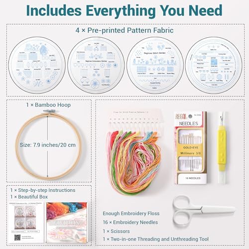 VIVIDOX 4 Sets Embroidery Kit for Beginners Adults, 35 Stitches Practice Kits Cross Stitch for Starter, DIY Hand Craft with Stamped Pattern, Bamboo Hoop, Threads, Needles, Scissors, Tools, Instruction