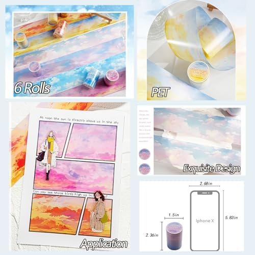 PET Tape Stickers for Journaling Supplies,Dreamy Sky Scrapbook Stickers
