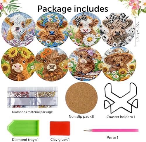 8 Pack Diamond Art Coasters,Highland Cow Diamond Painting Coasters Kits