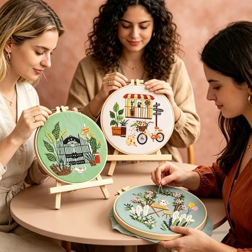 Qupace 3 Pcs Beginner Embroidery Kits for Adults - Garden Balcony Scene Pattern Cross Stitch, Green Themed Needlework Sewing Craft Kit,Farmhouse Kits