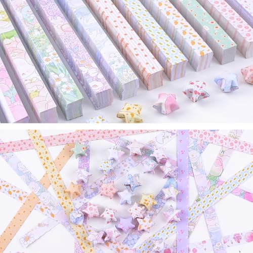 1200Pcs Colorful Origami Star Paper Strips 24 Patterns Double-sided Spring Pattern Lucky Star Paper Strips for DIY Handcrafts School Teaching