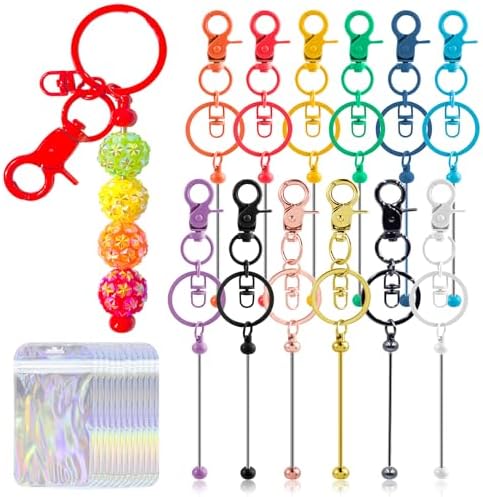 24 Pcs Beadable Keychains Bars bulk - 12 Colorful DIY Metal Beaded Keychain Making Kit + 12 Bags Included, Bead Keychain Supplies,Blank Key Chain, Perfect for Women, Men, Mother's Day, Birthday Gift