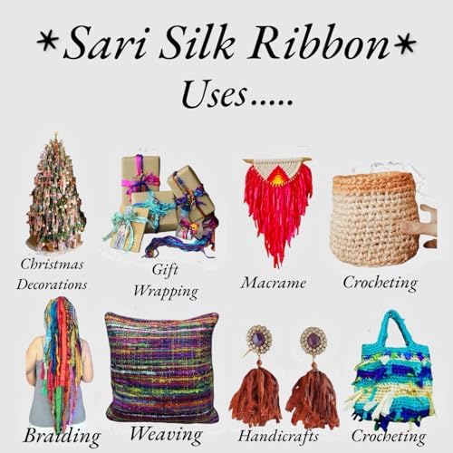 Maker's Craft Recycled Fuzzy Fringes Sari Silk Ribbon Yarn 35yards, 100Grams For DIY Knitting Crocheting Gift Wrapping, Christmas Decoration, Macrame Makers, Jewelry Making, RugsHooking (NaturalWhite)