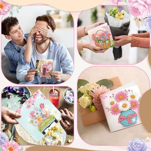 Saillong 12 Pack Flower Diamond Painting Greeting Card Kits DIY Pastel Floral Gnome Diamond Art Cards with Envelopes Flower 5d Rhinestones Paint Card for Adults DIY Craft Family Friend Birthday Gifts
