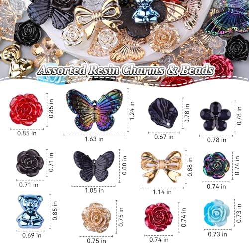 350 Pieces 3D Resin ABS Colorful Rose Flower Bows Butterfly Charms with Flatback Half Round Pearl Beads for Bracelet Earring Necklace Craft DIY Making Supplies