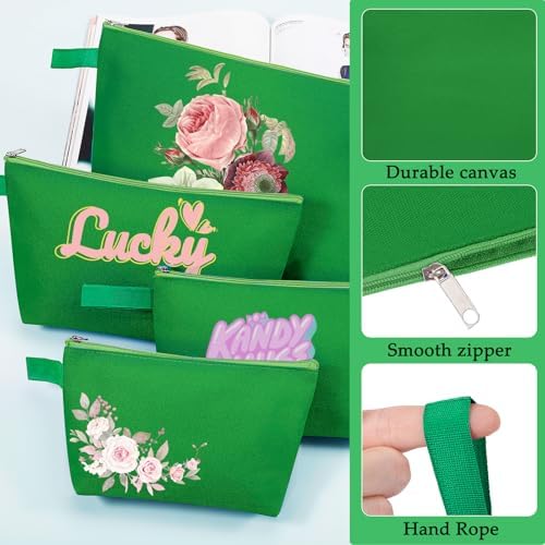 10 Pieces Cotton Canvas Makeup Bag with Bottom and Strap, Multi-Purpose Cosmetic Bag with Zipper Travel Toiletry Pouch, Blank DIY Craft Bag (Green, M)