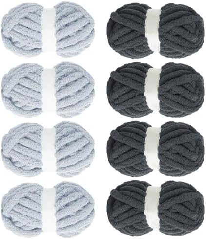 MABOZOO Assorted Chunky Yarn for Hand Knitting 8 Pack, Fluffy Jumbo Chenille Yarn, Soft Plush Yarn Bulky, Giant Thick Fuzzy Yarn for Arm Knitting,4 Dark Grey & 4 Rice Grey(31.7 yds,8 oz Each Skein)