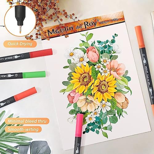 ZSCM 60 Colors Markers for Adult Coloring Books No Bleeding - Duo Tip Pens | Fine & Brush Coloring Marker for Adult Calligraphy, Illustration, Cards Drawing, Note taking Lettering, Journaling