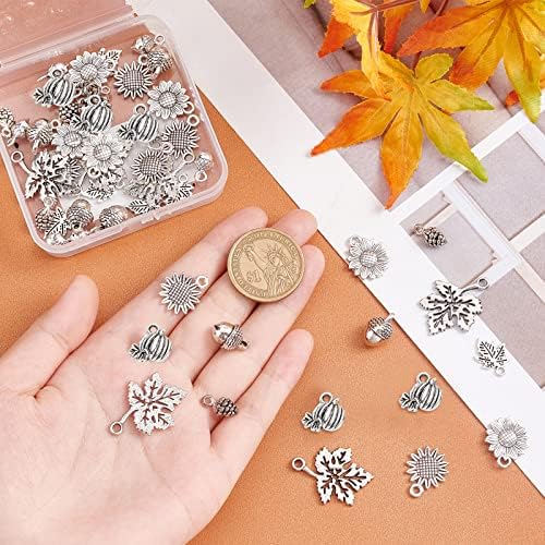 SUNNYCLUE 1 Box 48Pcs Thanksgiving Charms Bulk Tibetan Style Antique Silver Sunflower Charms Fall Leaf Charm Hollow Maple Leaves Vintage Alloy 3D Pinecone Charms for Jewelry Making Charm DIY Craft