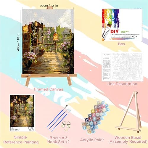 Landscape Paint by Numbers for Adults with Framed Canvas - Wooden Easel