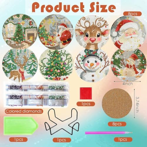 ijbnhd 8 Pcs Christmas Diamond Art Coasters 4x4 in with Holder