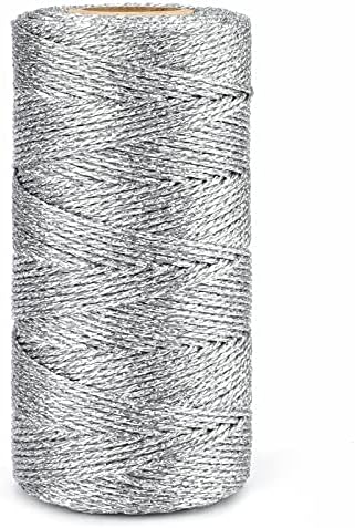 jijAcraft 328 Feet Silver String Twine - 1.5mm Metallic Ornament Thread Gift Wrapping - Inelastic Macrame Glitter Gold Cord for Gift Wrapping, DIY Crafts, Bracelets